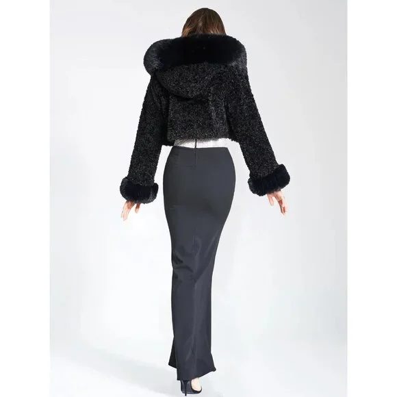 💋CHIC & SEXY💋Lux Black Vegan Shearling Lamb & Fox Fur Hoodded Crop Jacket - Picture 4 of 16